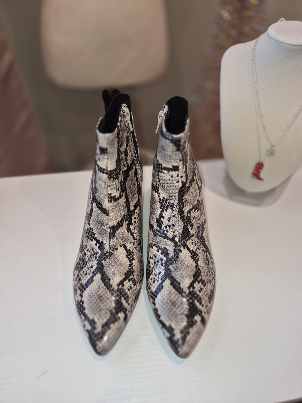 Clarks Snake-Print Pointed Ankle Booties in Black & White